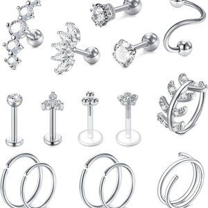 Chic 15pc Cartilage Jewelry Set - Silver Hoops & Push-Back Studs for Women